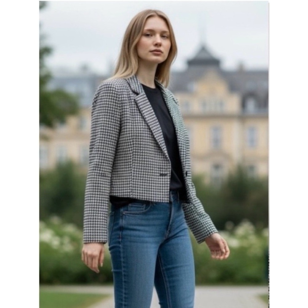 Abercrombie & Fitch Cropped Houndstooth Blazer Jacket Black White M Academia